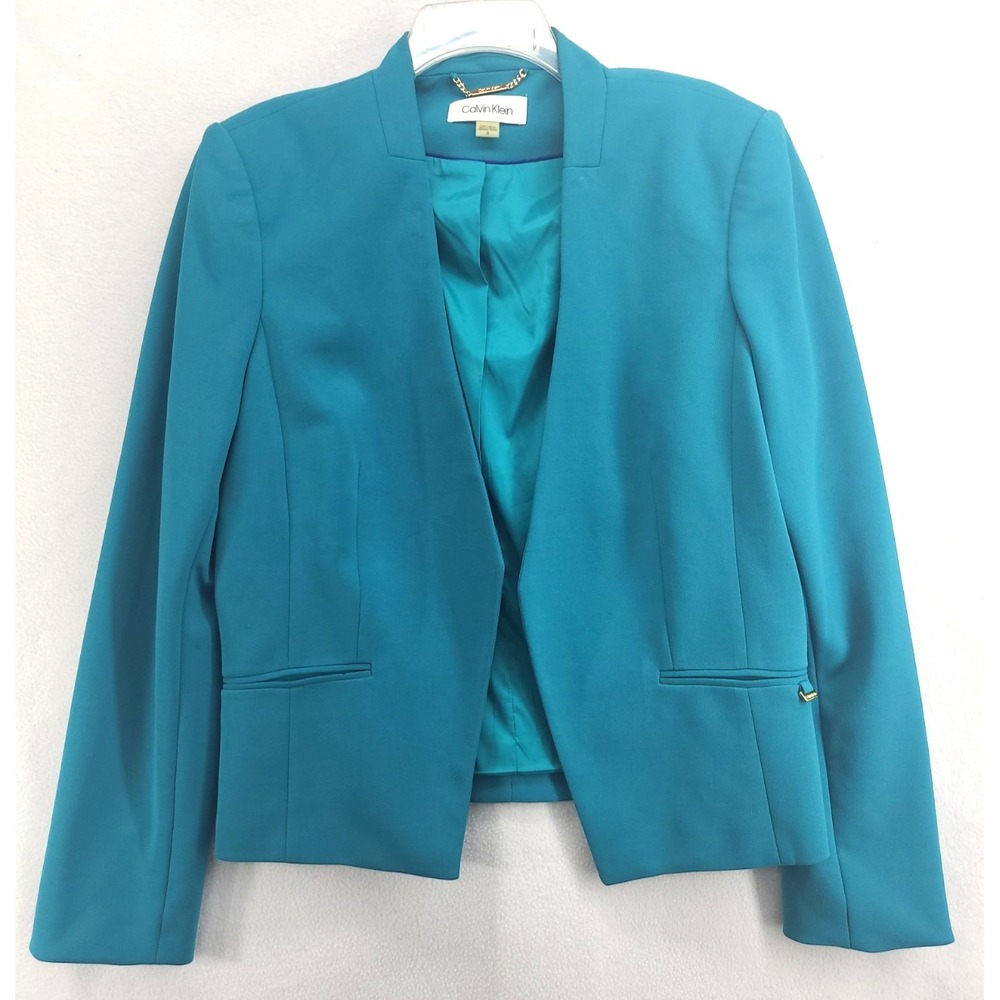 Calvin Klein Teal Blazer Women's 16 Collarless Open Front Business Casual